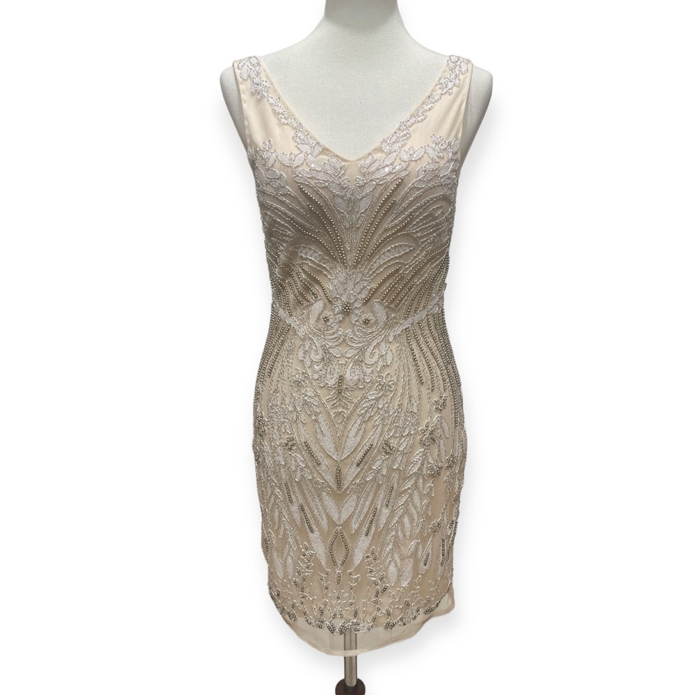 Minuet Champagne Beaded Lace Mini Dress New